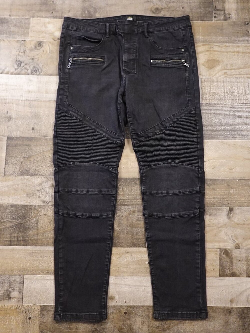 ZLZ Denim Biker Jeans Men’s 38 Black Skinny Moto Zip Pocket Stretch Pants